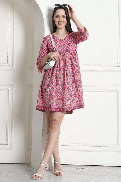 Light Pink Pure Cotton Printed Western Dress