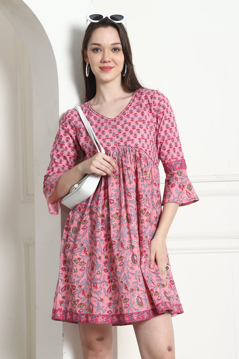 Light Pink Pure Cotton Printed Western Dress
