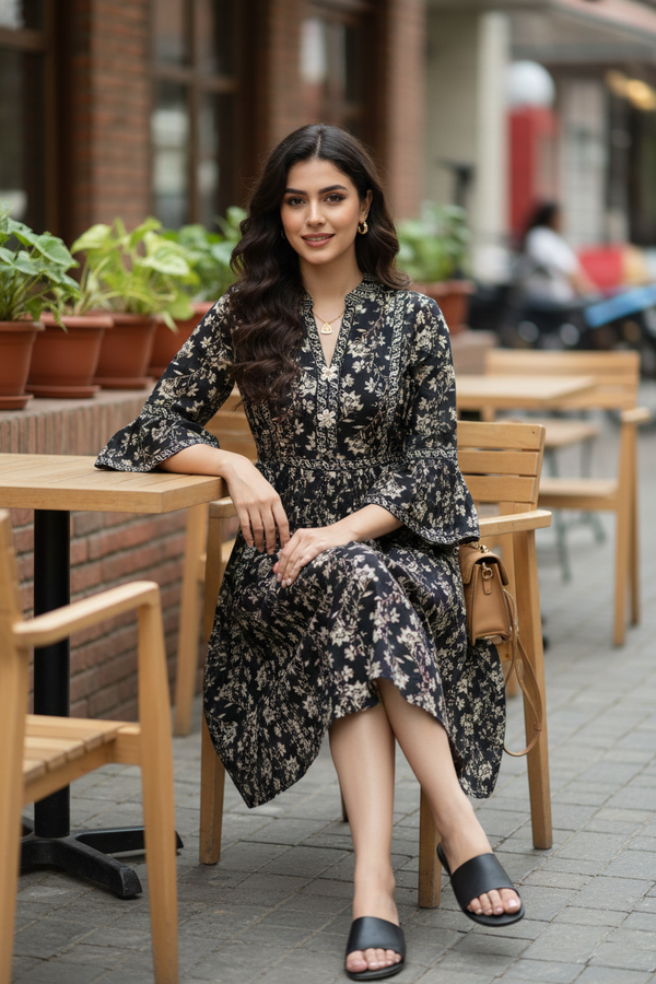 Black & Beige Pure Cotton Floral Printed Western Dress