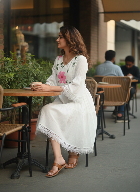 White Cotton Brush Printed Western Dress