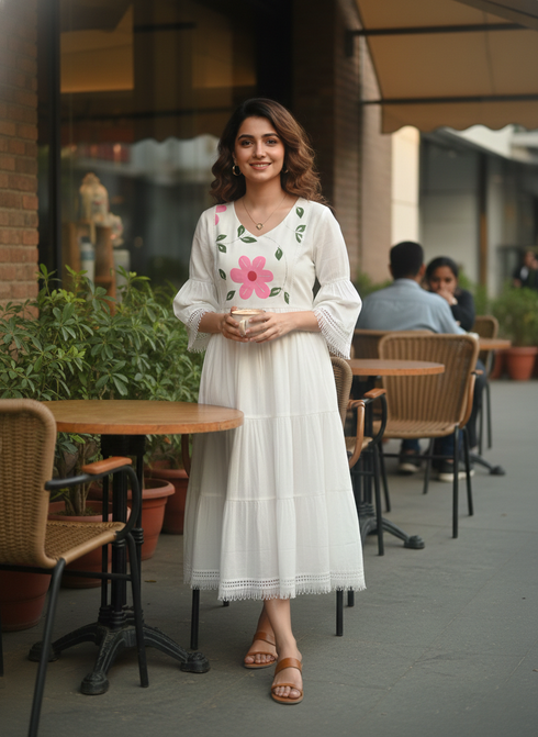 White Cotton Brush Printed Western Dress