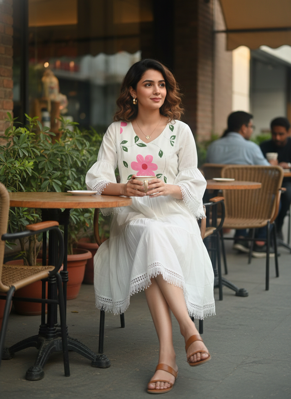 White Cotton Brush Printed Western Dress