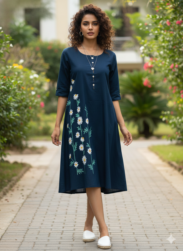 Navy Blue Pure Cotton Floral Paint Western Dress