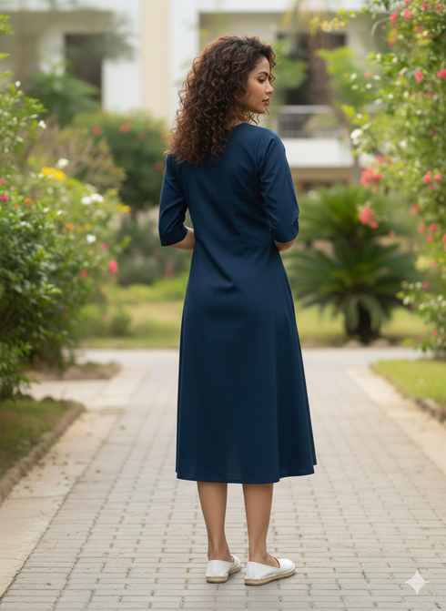 Navy Blue Pure Cotton Floral Paint Western Dress