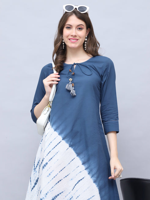 Blue & White Pure Cotton Tie-Dye Shibori Printed Western Dress