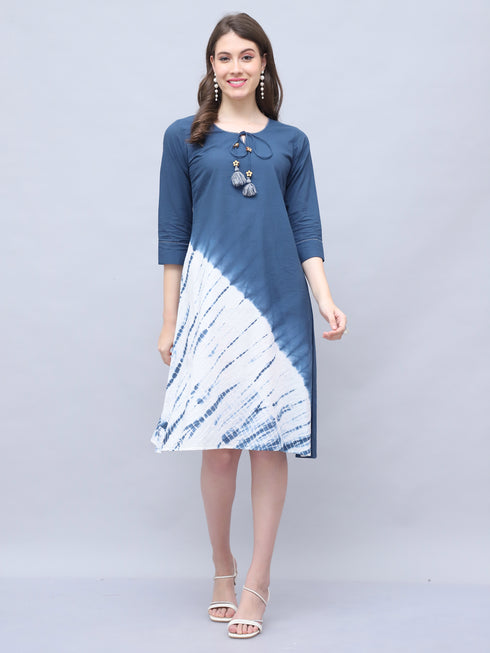 Blue & White Pure Cotton Tie-Dye Shibori Printed Western Dress