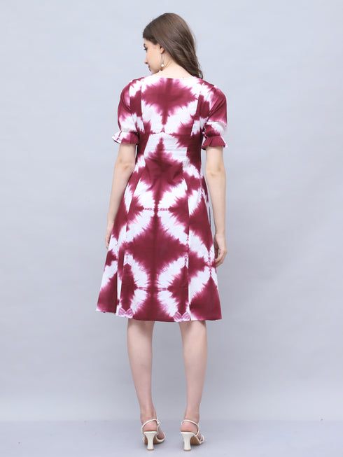 Wine & White Pure Cotton Tie-Dye Shibori Printed Western Dress
