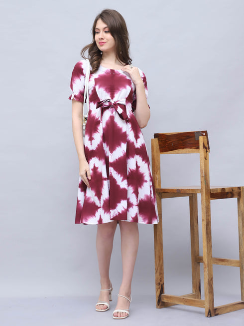 Wine & White Pure Cotton Tie-Dye Shibori Printed Western Dress