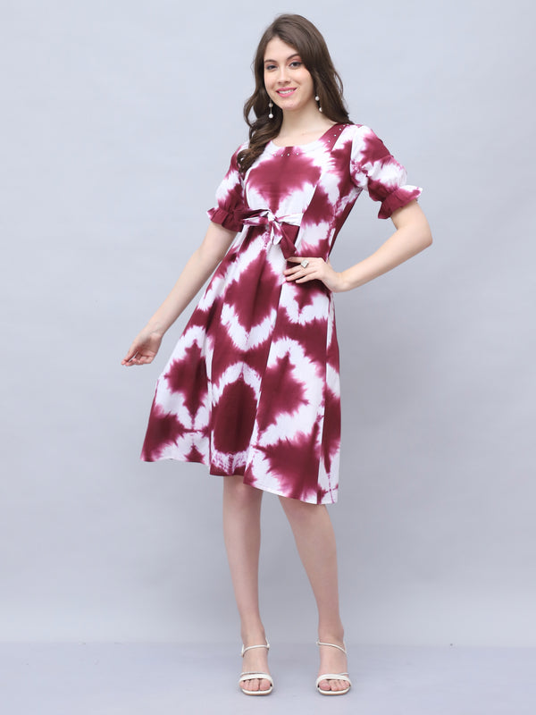 Wine & White Pure Cotton Tie-Dye Shibori Printed Western Dress