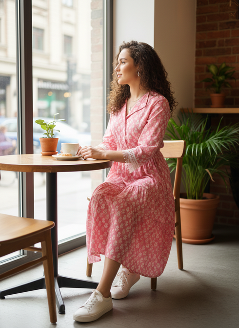 Baby Pink Pure Cotton Floral Block Printed Western Dress