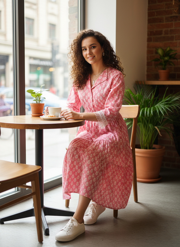 Baby Pink Pure Cotton Floral Block Printed Western Dress