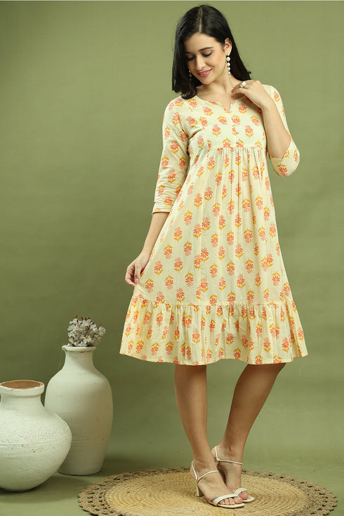 Cream Pure Cotton Jaipuri Printed Western Dress