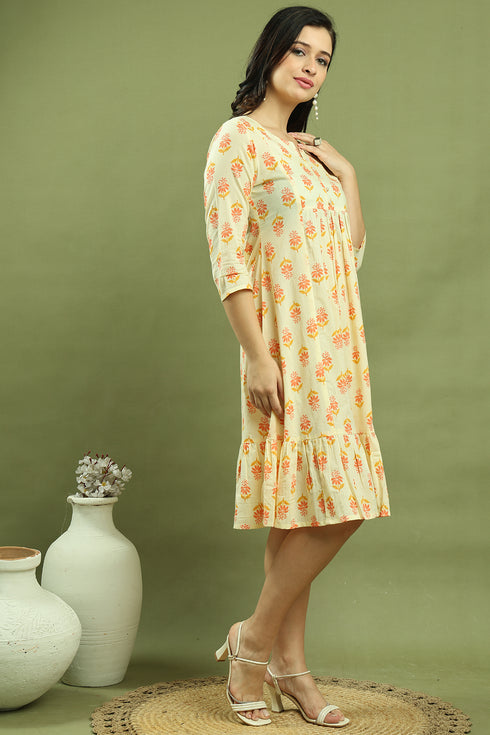 Cream Pure Cotton Jaipuri Printed Western Dress