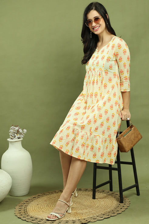 Cream Pure Cotton Jaipuri Printed Western Dress