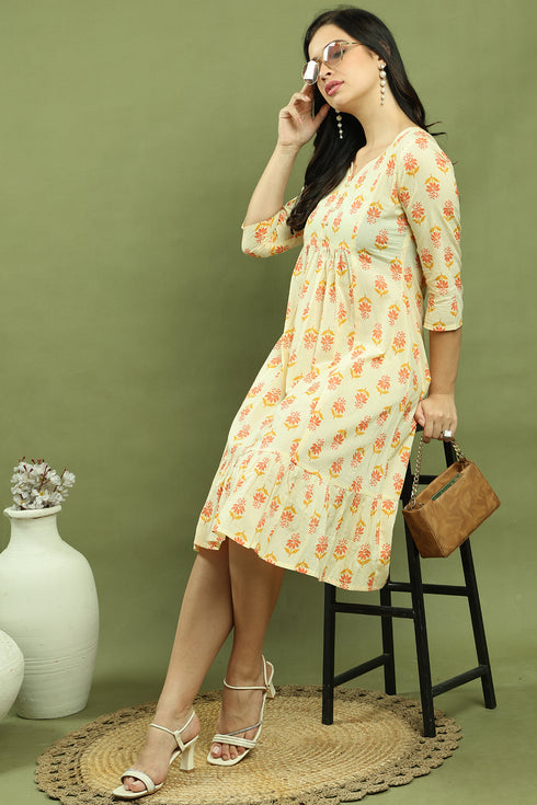 Cream Pure Cotton Jaipuri Printed Western Dress