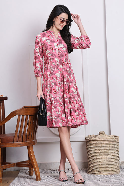 Pink Pure Cotton Jaipuri Printed Western Dress