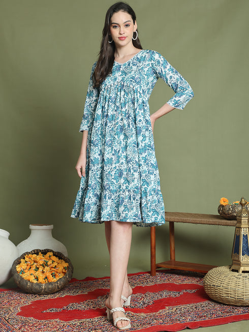 Women's Blue Pure Cotton Jaipuri Printed Western Dress
