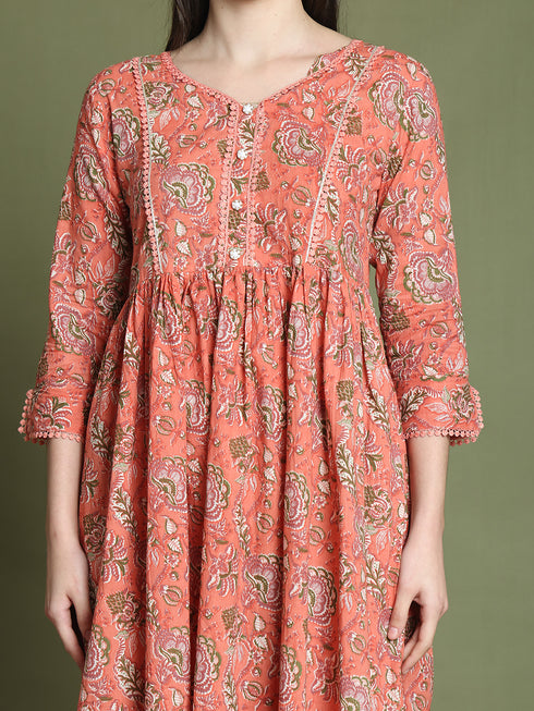 Women's Orange Pure Cotton Jaipuri Printed Western Dress