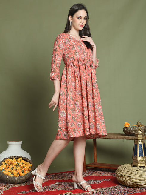 Women's Orange Pure Cotton Jaipuri Printed Western Dress