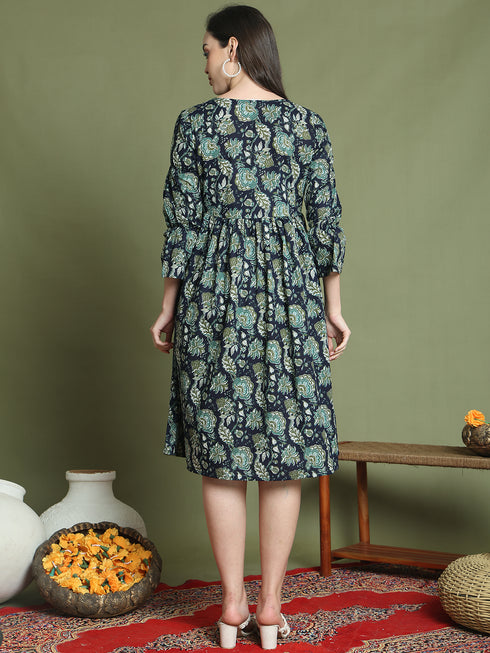 Women's Navy Pure Cotton Jaipuri Printed Western Dress