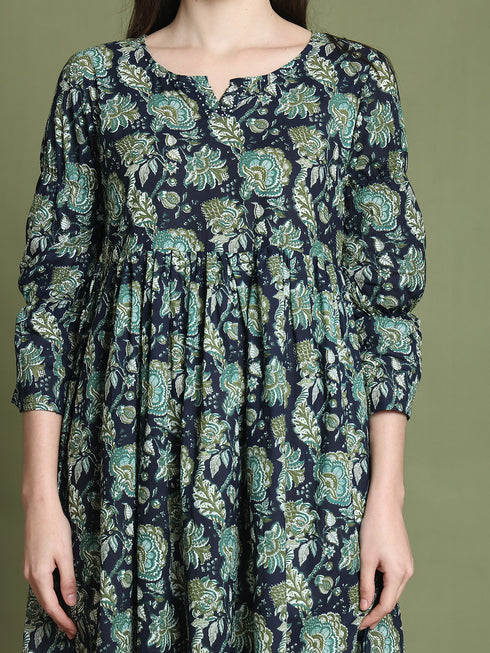 Women's Navy Pure Cotton Jaipuri Printed Western Dress