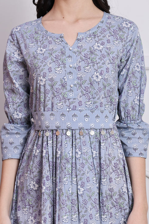 Grey Cotton Jaipuri Printed Western Dress