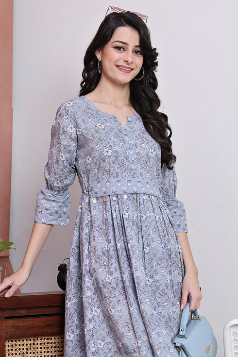 Grey Cotton Jaipuri Printed Western Dress