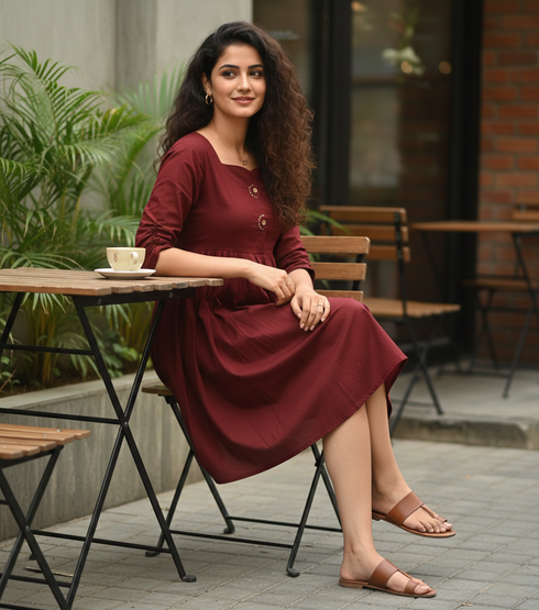 Maroon Cotton Solid Western Dress