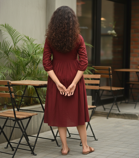 Maroon Cotton Solid Western Dress