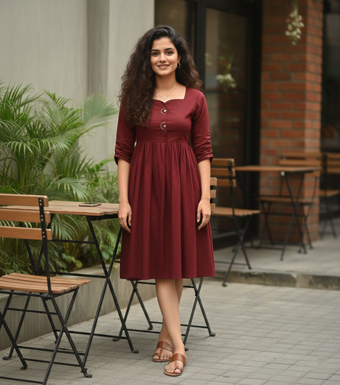 Maroon Cotton Solid Western Dress
