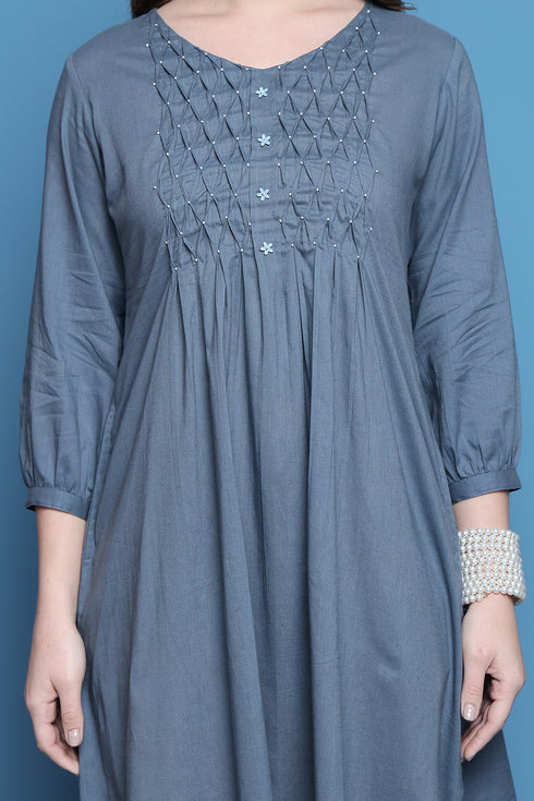 Grey Cotton Solid Western Dress