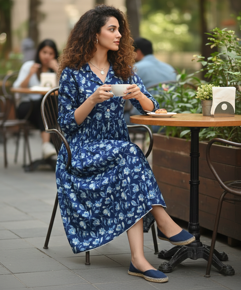 Blue Pure Cotton Jaipuri Printed Western Dress