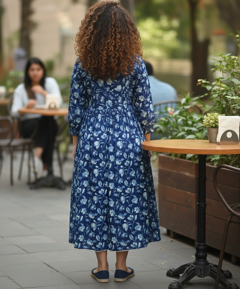 Blue Pure Cotton Jaipuri Printed Western Dress