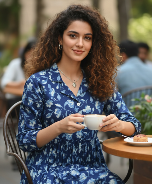 Blue Pure Cotton Jaipuri Printed Western Dress