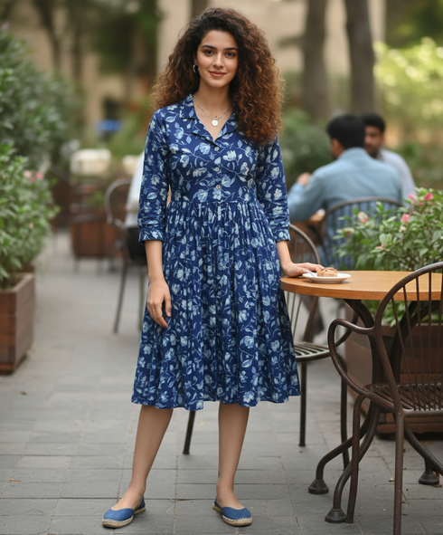Blue Pure Cotton Jaipuri Printed Western Dress