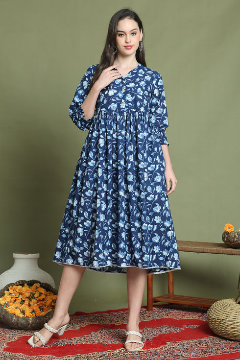 Blue Pure Cotton Jaipuri Printed Western Dress