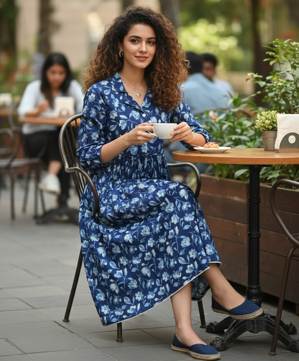 Blue Pure Cotton Jaipuri Printed Western Dress