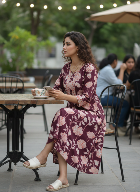 Wine Pure Cotton Jaipuri Printed Western Dress