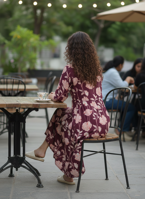 Wine Pure Cotton Jaipuri Printed Western Dress