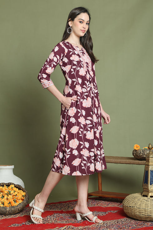Wine Pure Cotton Jaipuri Printed Western Dress