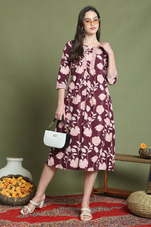 Wine Pure Cotton Jaipuri Printed Western Dress