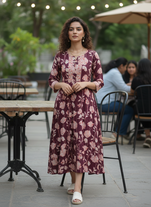 Wine Pure Cotton Jaipuri Printed Western Dress