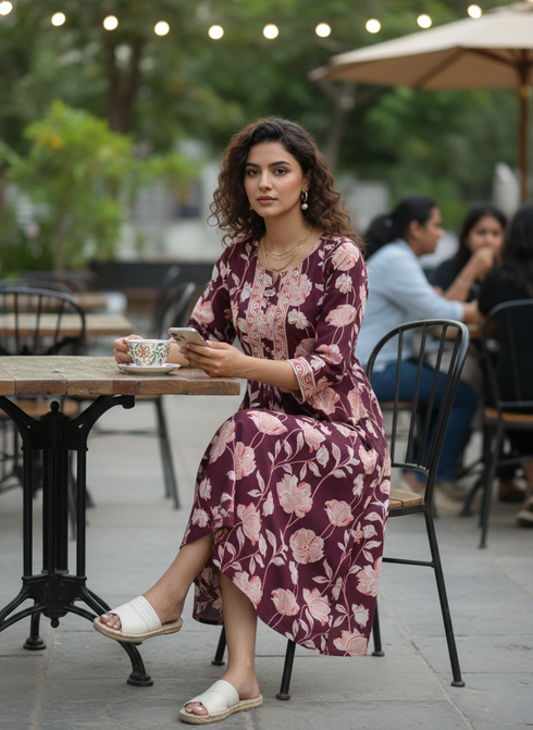 Wine Pure Cotton Jaipuri Printed Western Dress