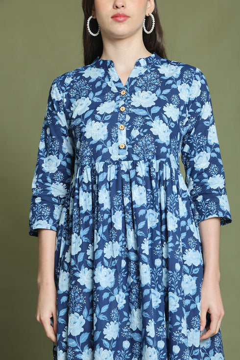 Blue Pure Cotton Jaipuri Printed Western Dress