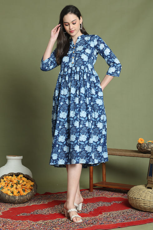Blue Pure Cotton Jaipuri Printed Western Dress