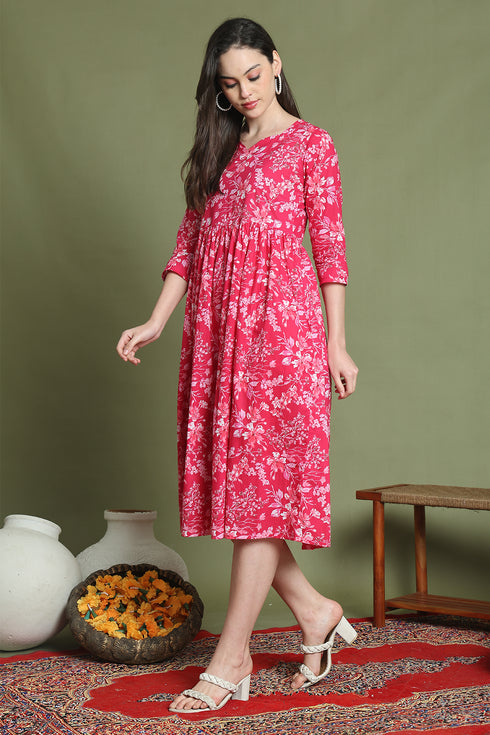Pink Pure Cotton Jaipuri Printed Western Dress