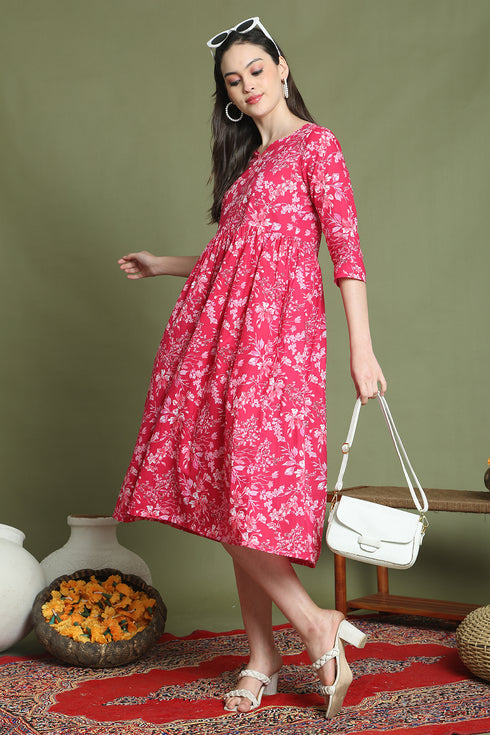 Pink Pure Cotton Jaipuri Printed Western Dress