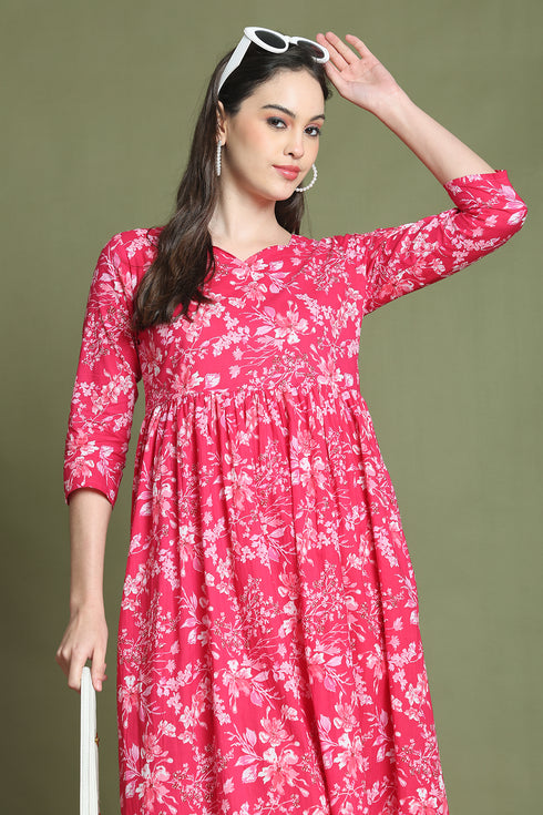Pink Pure Cotton Jaipuri Printed Western Dress