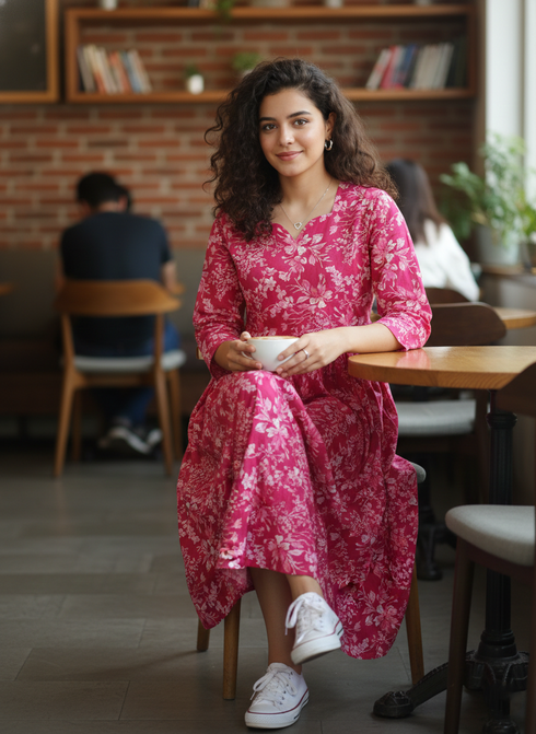 Pink Pure Cotton Jaipuri Printed Western Dress