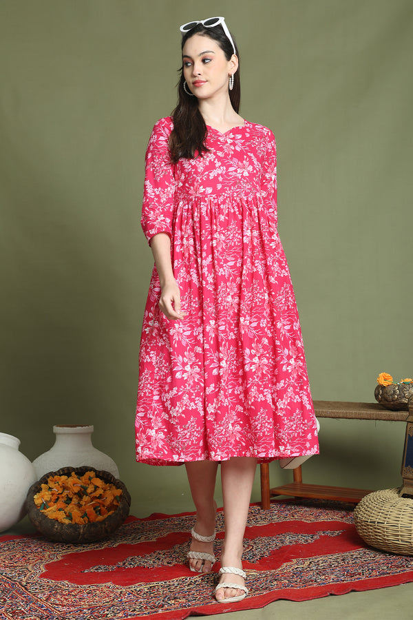 Pink Pure Cotton Jaipuri Printed Western Dress